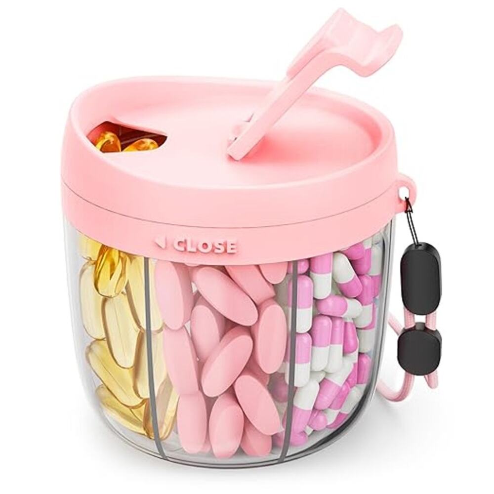 Portable Pill Dispenser, 7 Compartments, Anti-Mix Pill Organizer (Pink)